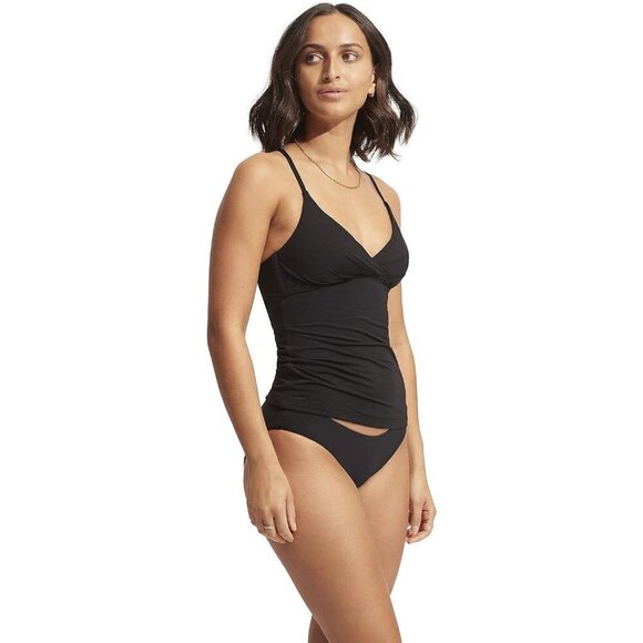 Seafolly Women's Standard Wrap Front Tankini Top Swimsuit, Eco Collective Black, - Picture 2 of 5